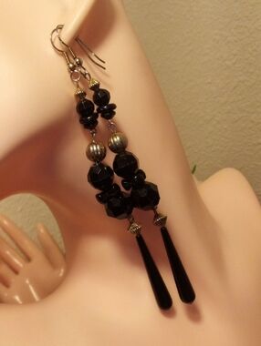 Black Beaded Dangle Earrings - Unbranded